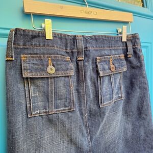 Denim Skirt Blue Jeans Mini Mid Length with Flap Pockets Slit in Back